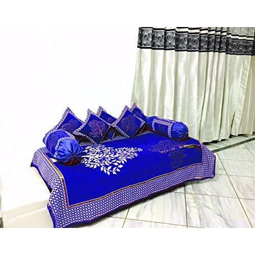 Fresh From Loom Chenille Floral 500 Tc Diwan Set Navyblue - 1 Single Bedsheet With 2 Bolster Covers And 5 Cushion Covers (8Pc Set)