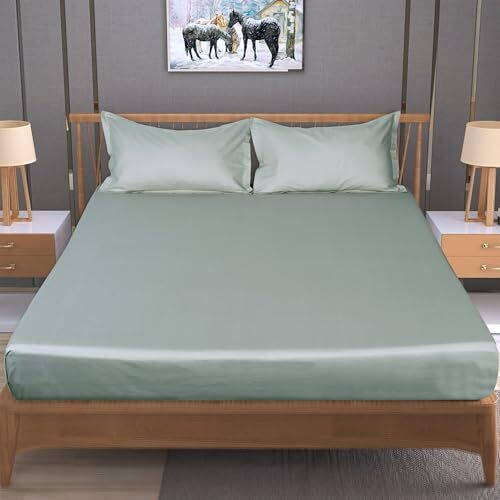 Kautage-Cotton Super King Size Bedsheet 210 Tc (108 X 108 Inches) With Two Pillow Covers,Basil Green Colour, Shrink Resistant And Fadeproof, Ultralightweight, Sleek Plain Design