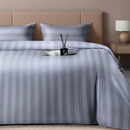 Sassoon Artemis Italian Jacquard Weave Sateen Cotton Bedsheet  400 Tc, Cotton, Stripe Design, King Size (108 X 108 Inches), Color Steel Blue, Soft, Breathable,  1 Bedsheet + 2 Pillow Covers