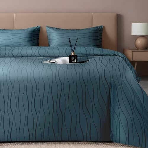 Sassoon Artemis Italian Jacquard Weave Sateen Cotton Bedsheet  400 Tc, Cotton, Wave Design, King Size (108 X 108 Inches), Color Ocean, Soft, Breathable,  1 Bedsheet + 2 Pillow Covers
