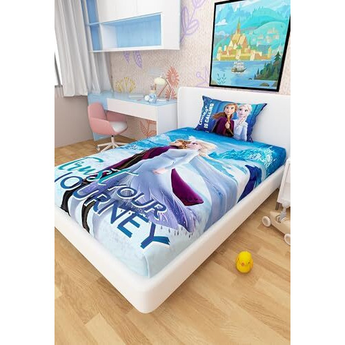 Disney Frozen Anna And Elsa Cotton Single Bed Sheet For Kids - Multicoloured (147 X 223 Cm) Pack Of 1