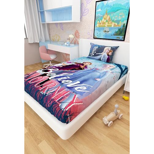 Disney Frozen Anna And Elsa Cotton Single Bed Sheet For Kids - Multicoloured (147 X 223 Cm) Qty Of 1