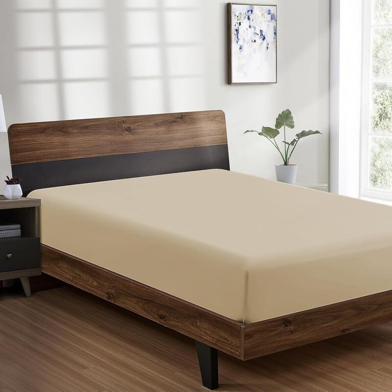 Rajasthan Crafts Cotton Feel Glace Cotton Fade Resistant Elastic Fitted Single Bed Bedsheet With 1 Pillow Cover Fits Upto 8 Inches Mattress, Size- 36X72X10 Inches, Beige