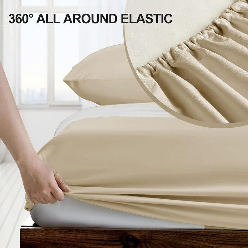 Rajasthan Crafts Cotton Feel Glace Cotton Fade Resistant Elastic Fitted Single Bed Bedsheet With 1 Pillow Cover Fits Upto 8 Inches Mattress, Size- 36X72X10 Inches, Beige