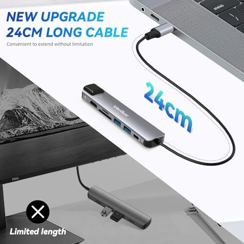 Verilux Usb C Hub With Ethernet Rj45 7 In 1 Usb Type C Hub With 4K Hdmi Power Delivery Sd/Tf Card Reader Multi Usb Port For Laptop With Usb Hub 3.0 For Macbook Iphone With Storage Bag 24Cm Long Cable