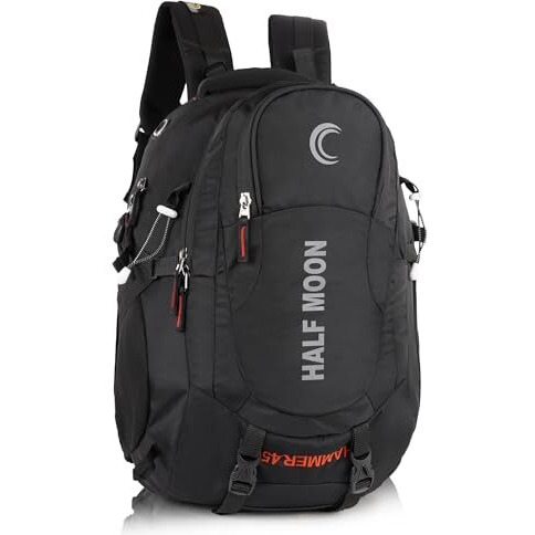 Half Moon 45L Hammer Waterproof 4 Compartment Rucksack Bags For Men/Trekking Bags For Men | With 17.3" Laptop Compartment & Rain Cover | For Trekking, Hiking, Travel Backpack For Unisex (Dark Black)
