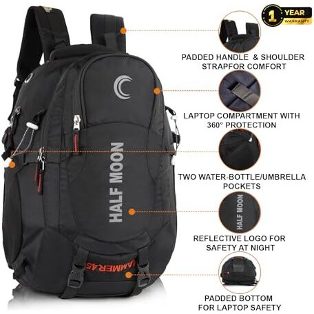 Half Moon 45L Hammer Waterproof 4 Compartment Rucksack Bags For Men/Trekking Bags For Men | With 17.3" Laptop Compartment & Rain Cover | For Trekking, Hiking, Travel Backpack For Unisex (Dark Black)