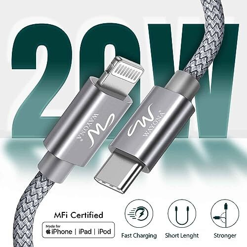 Wayona Mfi Certified Usb C To Lightning Cable Short 0.25M Fast Charging Pd 20W For Iphone 14 14 Pro 14 Plus 14 Pro Max 13 12 11 X And 8 Series (0.25M, Grey)