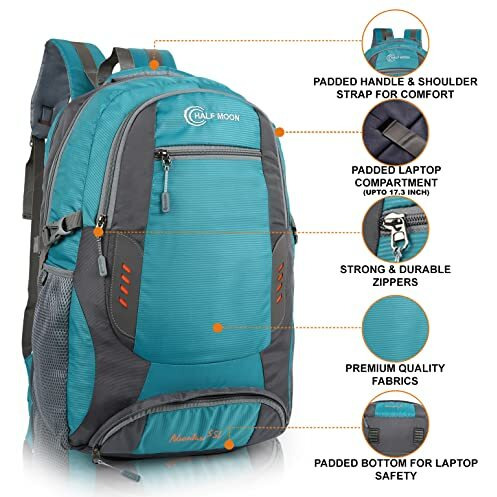 Half Moon Extra Large Size 55L Waterproof 6 Compartment Rucksack/Trekking Bags For Men, Polyester Airport Blue | Laptop Compartment & Rain Cover | Trekking, Hiking, Travel Backpack For Unisex