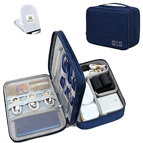 Seagull Flight Of Fashion Nylon Double Layer Electronic Gadget Organizer Case, Cable Organizer Bag For Accessories With Mobile Stand - 27 X 20 X 9 Cm - Navy Blue - Model 1