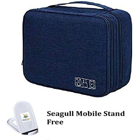 Seagull Flight Of Fashion Nylon Double Layer Electronic Gadget Organizer Case, Cable Organizer Bag For Accessories With Mobile Stand - 27 X 20 X 9 Cm - Navy Blue - Model 1