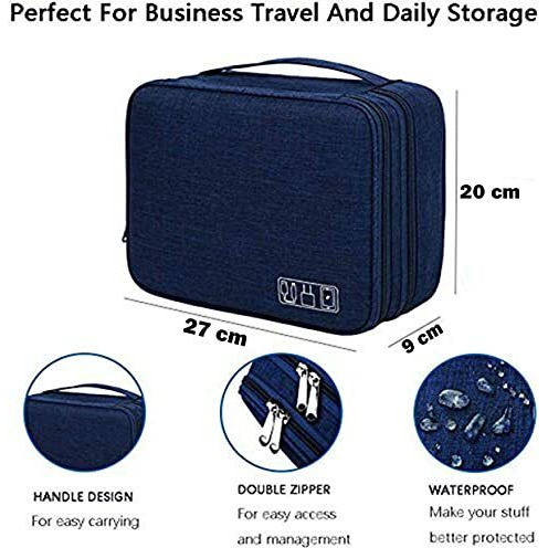 Seagull Flight Of Fashion Nylon Double Layer Electronic Gadget Organizer Case, Cable Organizer Bag For Accessories With Mobile Stand - 27 X 20 X 9 Cm - Navy Blue - Model 1
