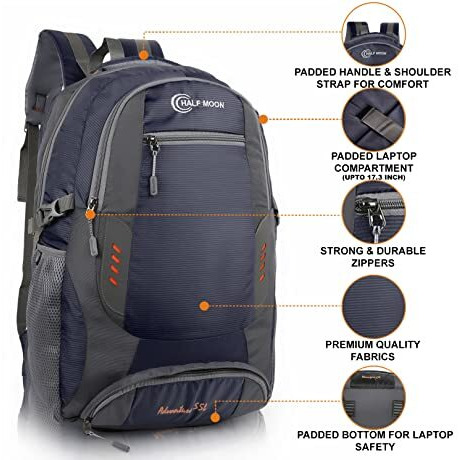 Half Moon Xl Size 55 Litres Travelling Laptop Bag 6 Compartment Rucksack Backpack Luggage Travel Journey Trekking Hiking Bags For Boys And Girls With Laptop Compartment & Rain Cover (Navy Blue)