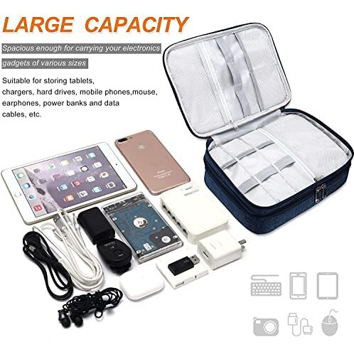 Petrice Gadget Organizer Travel Cable Accessories Bag Double Layer Electronics Organizer Portable Storage Case For Cable, Cord, Charger, Adapter, Power Bank, Hard Drives - Dark Blue, Nylon