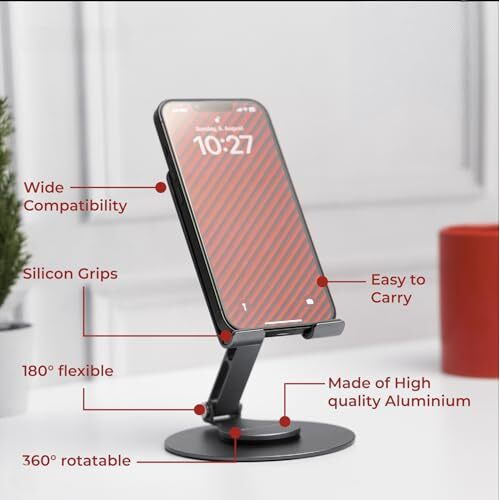 Megastro Aluminum 360 Rotatable Phone/Tablet Stand (Under 10Inch) - Mvpmini | Adjustable, Sturdy, And Versatile | Universal Compatibility | Hands-Free Viewing (Metallic Grey)