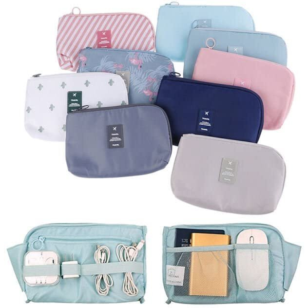House Of Quirk Multi-Function Portable Digital Product Storage Electronic Accessories Travel Cable Organizer Pouch Shock-Proof Charger Data Line Bag - Grey Flamingo, Polyester