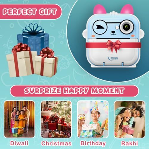 Seznik Mini Camera Printer, Click Photo Print, Inkless Bluetooth Hd Print | Compatible With Android, Ios Mobile. Instant Print Pictures, Labels | 1 Year Warranty By Seznik (Mini-B40-Blue)