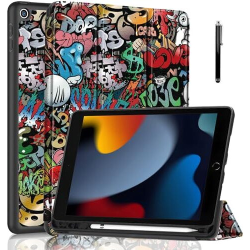 Proelite Smart Case For Ipad 10.2 Inch 2021 9Th/8Th/7Th Gen [Auto Sleep/Wake Cover] [Pencil Holder] [Soft Flexible Case] Recoil Series - Hippy With Stylus Pen