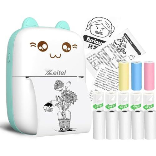 Zeitel Mini Bluetooth Thermal Printer, Portable Label Printer Inkfree Printer For Android & Ios System, Black On White Thermal Printer With 13 Roll Of Print Paper, Stickers, Blue