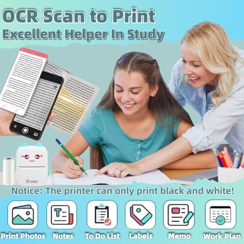 Zeitel Mini Bluetooth Thermal Printer, Portable Label Printer Inkfree Printer For Android & Ios System, Black On White Thermal Printer With 13 Roll Of Print Paper, Stickers, Blue