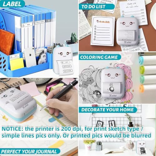 Zeitel Mini Bluetooth Thermal Printer, Portable Label Printer Inkfree Printer For Android & Ios System, Black On White Thermal Printer With 13 Roll Of Print Paper, Stickers, Blue
