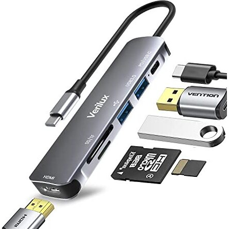 Verilux Usb C Hub 6 In 1 With 87W Power Delivery & Usb C Data Transfer Multiport Adapter With 4K@30Hz Hdmi Sd/Tf Card Reader 3.0 Usb Hub Type C Hub For Macbook Iphone With Storage Bag 24Cm Long Cable