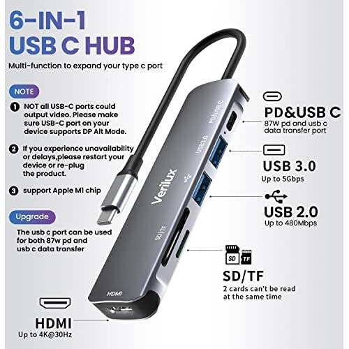 Verilux Usb C Hub 6 In 1 With 87W Power Delivery & Usb C Data Transfer Multiport Adapter With 4K@30Hz Hdmi Sd/Tf Card Reader 3.0 Usb Hub Type C Hub For Macbook Iphone With Storage Bag 24Cm Long Cable