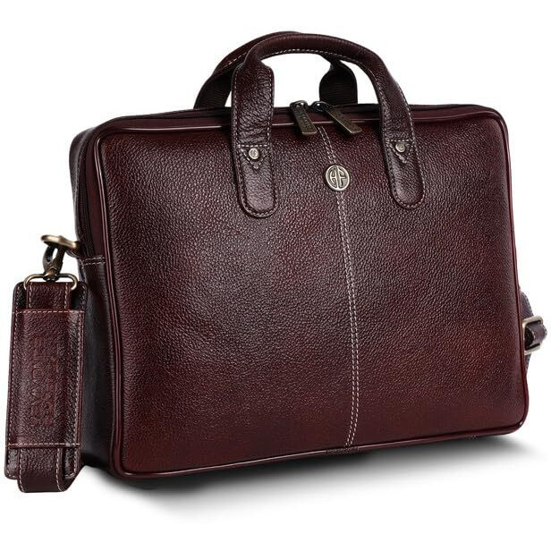 Hammonds Flycatcher Genuine Leather Office Bag For Men - Laptop Bag For Men - Padded Laptop Compartment, Fits 14 Inch Laptop - Adjustable Strap, 1 Year Warranty - Office, Travel, Daily Use - Brown