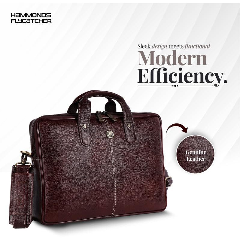 Hammonds Flycatcher Genuine Leather Office Bag For Men - Laptop Bag For Men - Padded Laptop Compartment, Fits 14 Inch Laptop - Adjustable Strap, 1 Year Warranty - Office, Travel, Daily Use - Brown