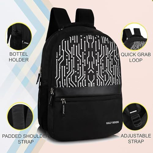 Half Moon Backbencher Unisex School Bag/ 15.6 Inch 4 Compartment Laptop/College Bagpack/Office Back Packed For Unisex | School Bags For Boys Girls With Small Pockets & Laptop Compartment (Tech Black)