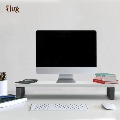 Flux Monitor Stand Wooden | Monitor Stand Riser | Pc Stand For Desktop Table | , Non Slip, Material Particle Board & Metal Size- (59.5Cm X 20Cm X 15Cm) (White )