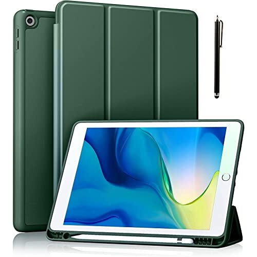 Proelite Smart Case For Ipad 10.2 Inch 2021 9Th/8Th/7Th Gen [Auto Sleep/Wake Cover] [Pencil Holder] [Soft Flexible Case] Recoil Series - Dark Green With Stylus Pen