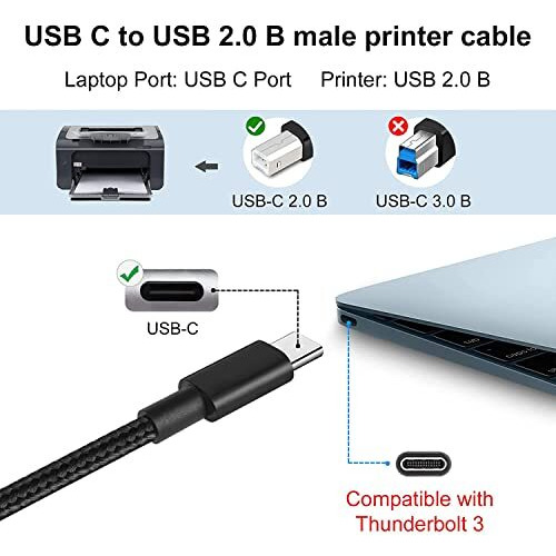 Rts Hight Speed Usb Type C Printer Cable (2M) Nylon Braided 480Mbps Data Transfer Compatible With Printers Scanners Fax Machine Macbook Pro/Air Epson Hp Canon Yamaha Digital Piano, Midi Keyboard, Dj