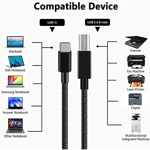 Rts Hight Speed Usb Type C Printer Cable (2M) Nylon Braided 480Mbps Data Transfer Compatible With Printers Scanners Fax Machine Macbook Pro/Air Epson Hp Canon Yamaha Digital Piano, Midi Keyboard, Dj