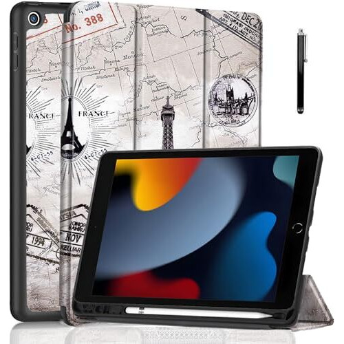 Proelite Smart Case For Ipad 10.2 Inch 2021 9Th/8Th/7Th Gen [Auto Sleep/Wake Cover] [Pencil Holder] [Soft Flexible Case] Recoil Series - Eiffel With Stylus Pen