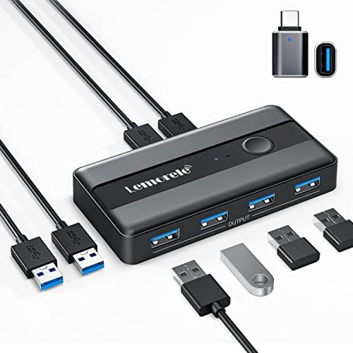 Lemorele Usb 3.0 Switch Selector 2 Computers Sharing 4 Usb Devices 4-Port Usb Peripheral Switcher Box For Pc, Mouse, Keyboard, Printer, Scanner With 2 Usb Cables, Compatible Windows/Mac/Linux