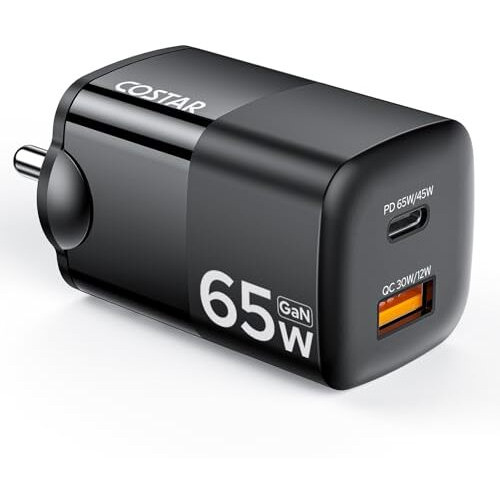 Costar 65W Gan Dual Port Fast Charger Qc/Pd, 2 In 1 Usb & Type C Fast Charger Adapter For Laptop, Lenovo, Hp, Asus, Dell, Macbook, Iphone Series, Samsung Galaxy/Note, And Android Devices, Black