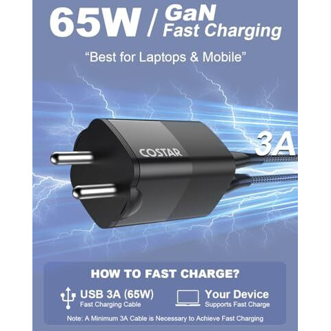 Costar 65W Gan Dual Port Fast Charger Qc/Pd, 2 In 1 Usb & Type C Fast Charger Adapter For Laptop, Lenovo, Hp, Asus, Dell, Macbook, Iphone Series, Samsung Galaxy/Note, And Android Devices, Black