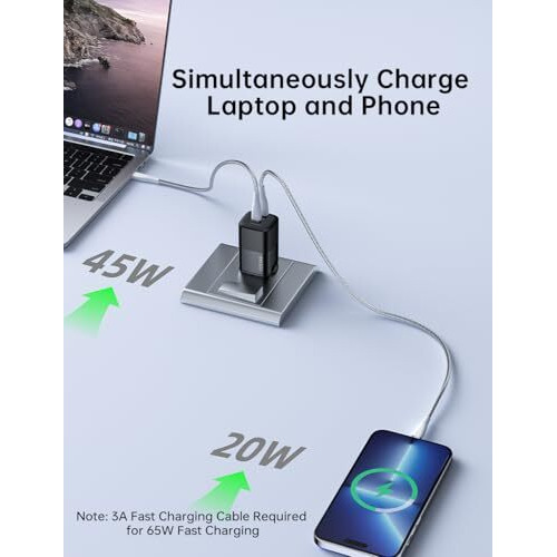 Costar 65W Gan Dual Port Fast Charger Qc/Pd, 2 In 1 Usb & Type C Fast Charger Adapter For Laptop, Lenovo, Hp, Asus, Dell, Macbook, Iphone Series, Samsung Galaxy/Note, And Android Devices, Black