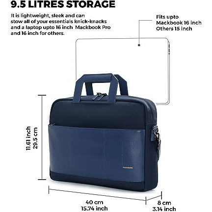 Mokobara The Briefcase With Adjustable Shoulder Strap Vegan Leather, Water Resistant, Fits Upto 15.6" Laptops (Unisex, Blue)