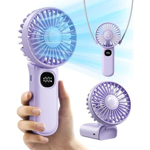 Coldsky Mini Portable Hand Fan, 3000Mah Rechargeable Usb Small Desk Fan With Led Display, 90 Foldable Cooling Fan With Lanyard Neck Fan For Women, Makeup, Office, Travel, Outdoor (Purple)