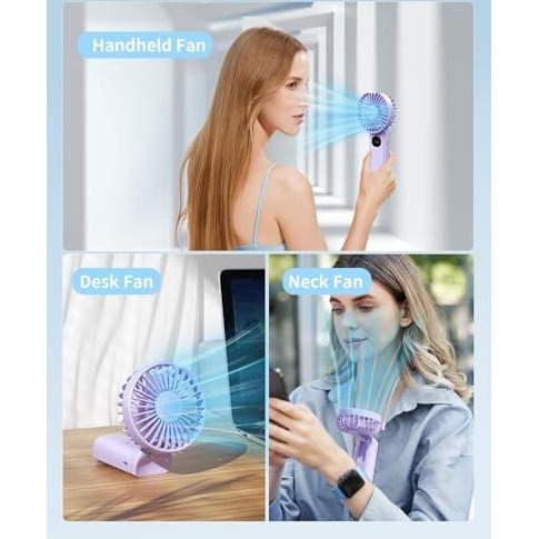 Coldsky Mini Portable Hand Fan, 3000Mah Rechargeable Usb Small Desk Fan With Led Display, 90 Foldable Cooling Fan With Lanyard Neck Fan For Women, Makeup, Office, Travel, Outdoor (Purple)