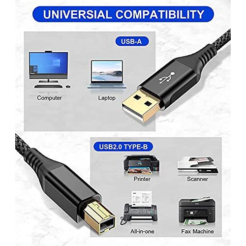 Rts High Speed Usb 2.0 Printer Cable (2 Meter 6.6 Feet) Usb-A To Usb-B Cable, Nylon Braided Scanner Printer Cord For Hp Canon Dell Epson Brother Lexmark Xerox Samsung Piano Dac & More-Black