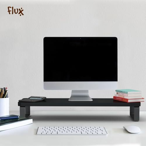 Flux Monitor Stand Wooden | Monitor Stand Riser | Pc Stand For Desktop Table | Heavy Metal Hold, Non Slip, Material Mdf & Metal Size- (59.5 Cm X 20Cm X 12Cm) Shelf (Black Wenge)