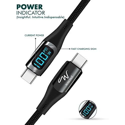 Wayona Usb C To Usb C 100W Led Power Display Type C To C Fast Charging Cable For Iphone 16 Series, Iphone 15 Pro,Macbook, Laptops, Samsung Galaxy Ultra S25 /S24, S23, Flip,Google Pixel (1.5M, Black)