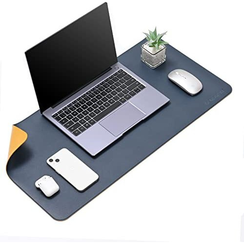 Aropana Vegan Leather Desk Mat, Mouse Pad Large, Computer Table Mat, Reversible Extended Laptop Pad For Desk, Dual Side Waterproof Edge-Stitched (27.6X13.8 Inch, Navy Blue/Yellow)