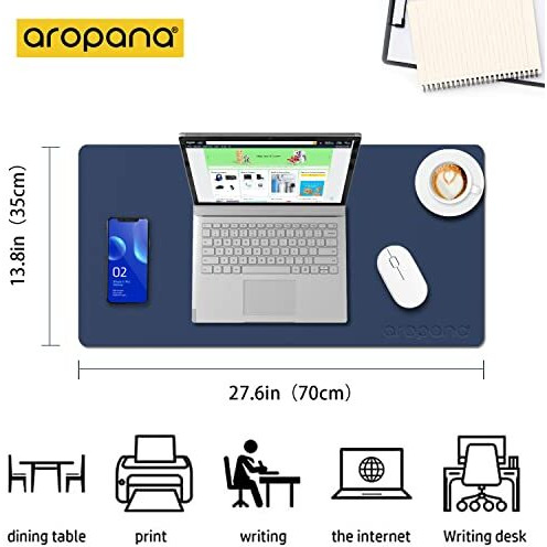 Aropana Vegan Leather Desk Mat, Mouse Pad Large, Computer Table Mat, Reversible Extended Laptop Pad For Desk, Dual Side Waterproof Edge-Stitched (27.6X13.8 Inch, Navy Blue/Yellow)