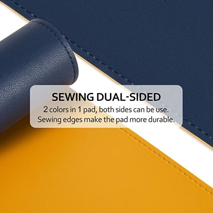 Aropana Vegan Leather Desk Mat, Mouse Pad Large, Computer Table Mat, Reversible Extended Laptop Pad For Desk, Dual Side Waterproof Edge-Stitched (27.6X13.8 Inch, Navy Blue/Yellow)
