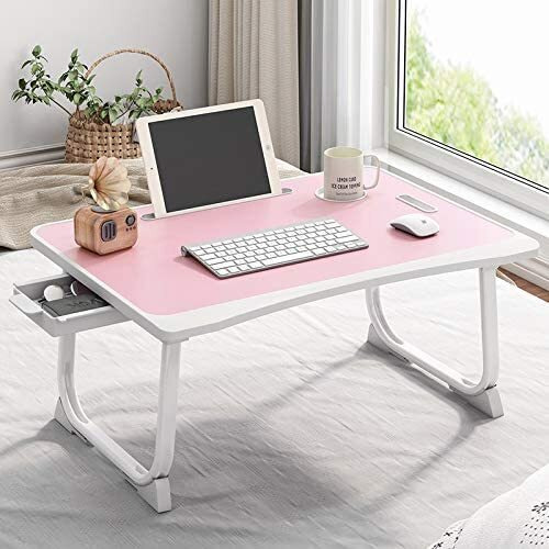 Tarkan Portable Folding Laptop Desk For Bed, Lapdesk With Handle, Drawer, Cup & Mobile/Tablet Holder For Study, Eating, Work (Pink)