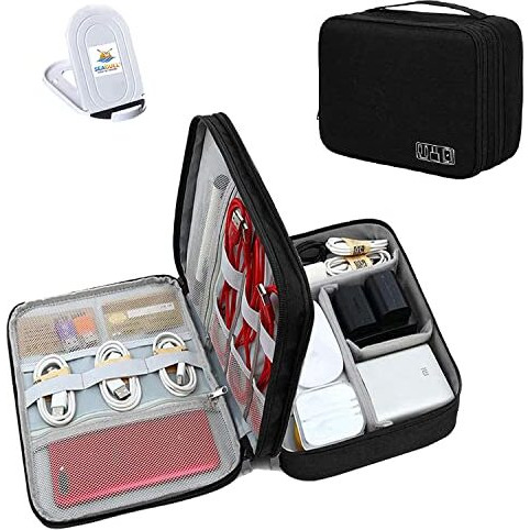 Seagull Flight Of Fashion Nylon Double Layer Electronic Gadget Organizer Case, Cable Organizer Bag For Accessories With Mobile Stand - 27 X 20 X 9 Cm - Black - Model 1